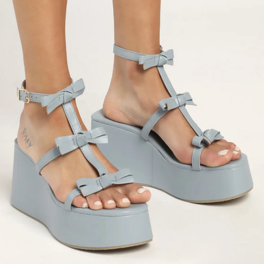 Lulu's Powder Blue Bow T-Strap Platform Sandals
